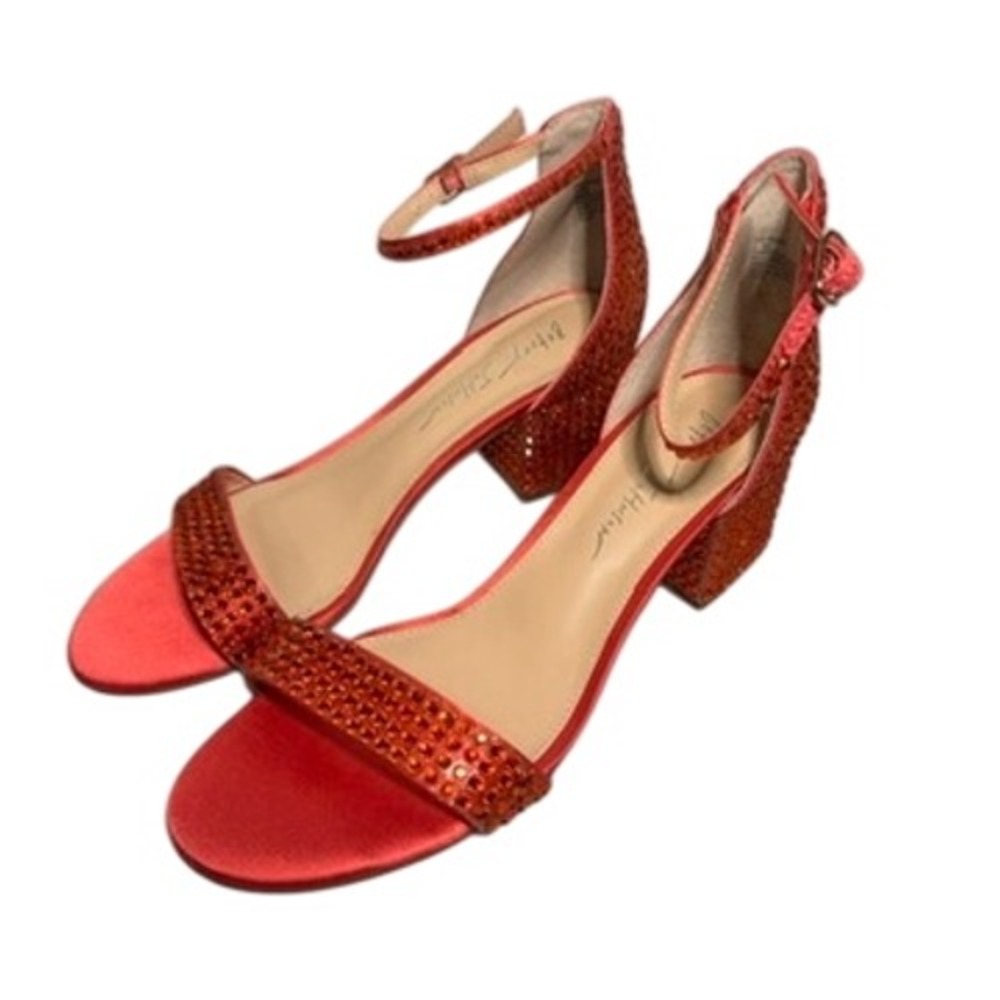 Betsey Johnson SB-MARI Block Heel Sandals 7.5 Women Red Rhinestone Sparkle